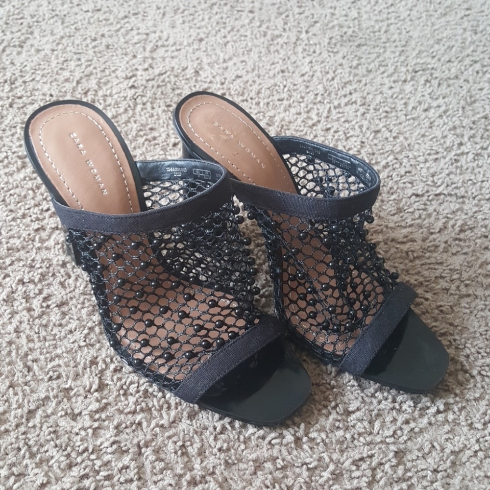 SOLD! ZaraMuleNettedBeadedHeels - Picture 2 of 8